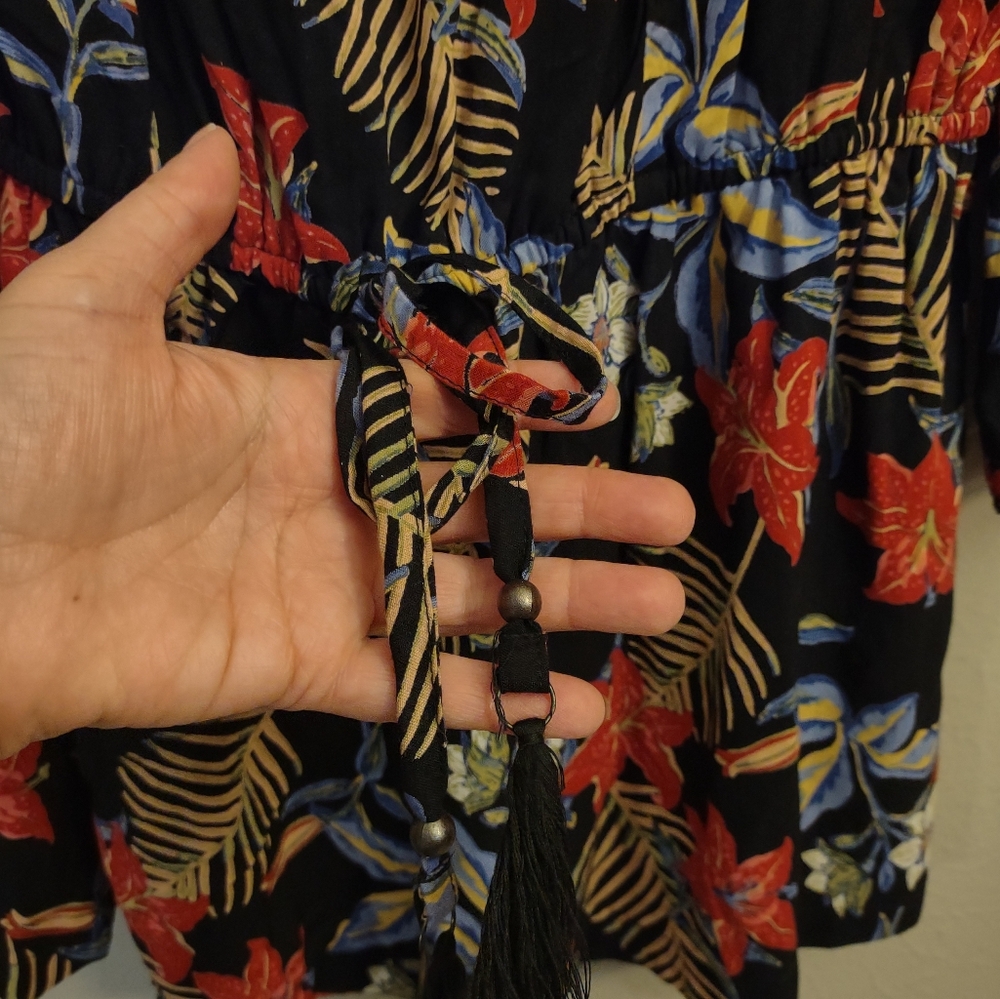 Angie Off-Shoulder Black Tropical Floral Romper – Boho Chic Size Large - Picture 9 of 11